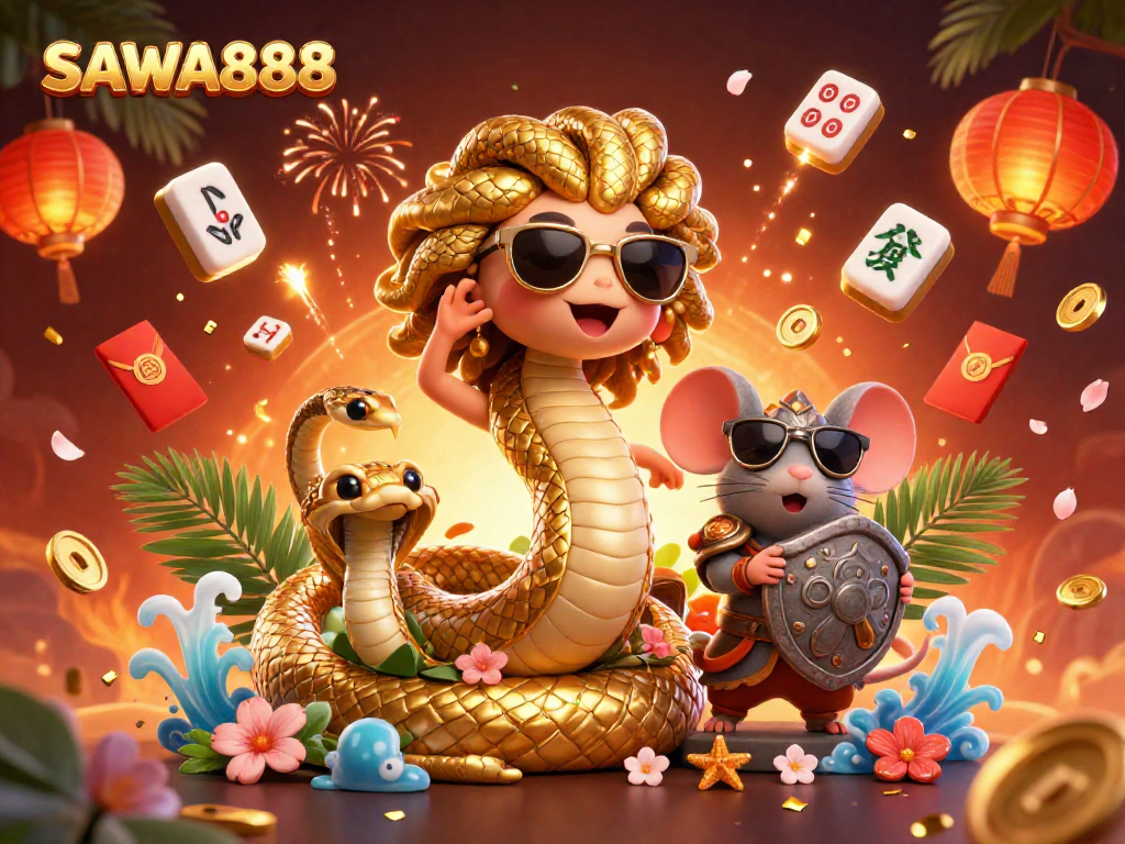 Experience exciting gameplay with SAWA888, featuring playful Medusa and a warrior mouse in a vibrant casino-themed scene.