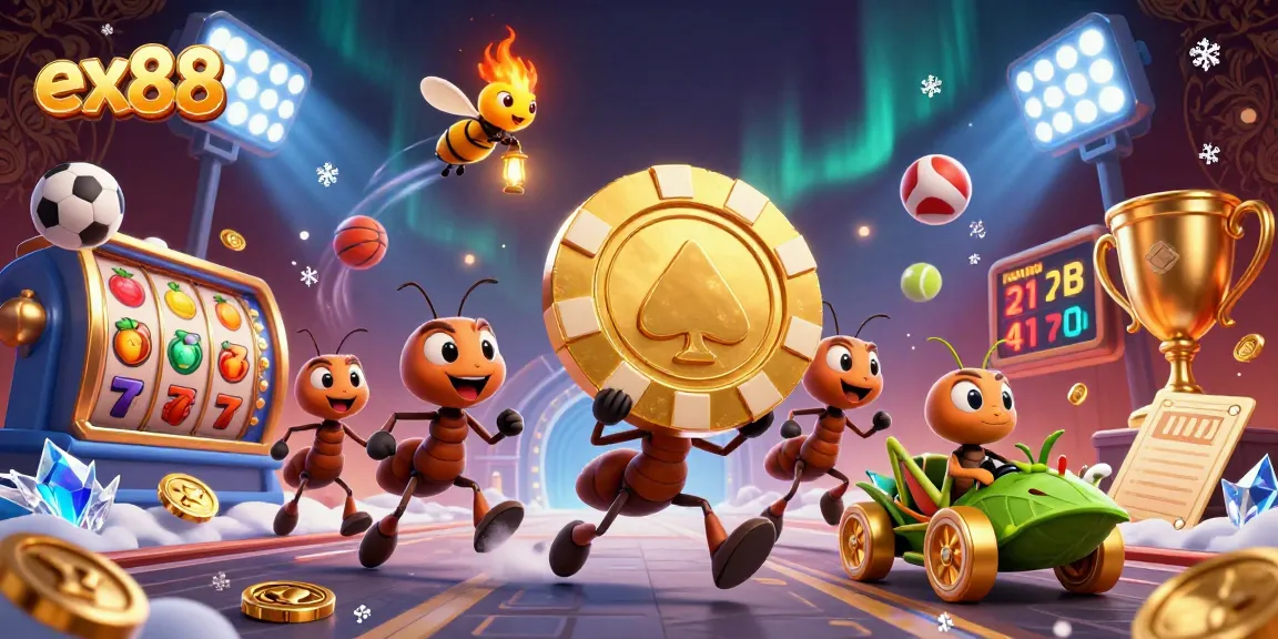 Join the thrilling heist at ex88 as ants carry a giant poker chip through a dazzling casino!