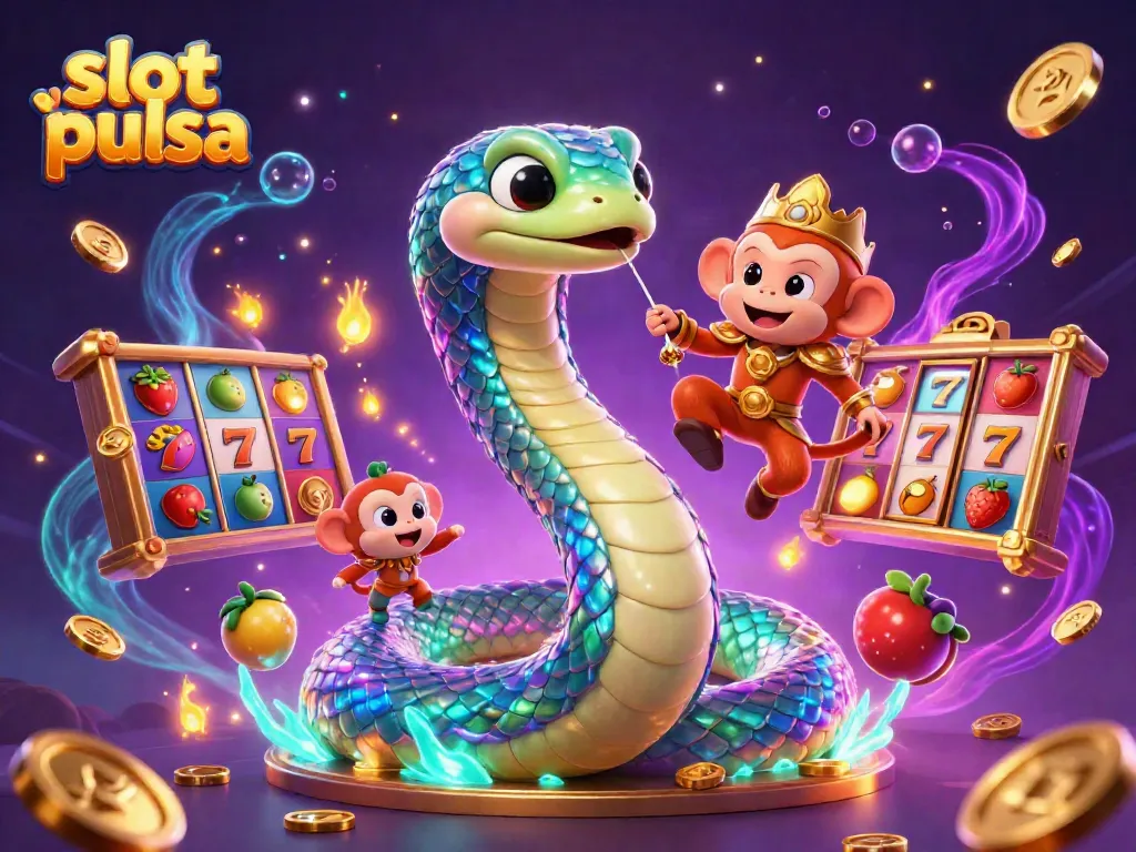 Menggali keseruan slot pulsa dengan ilustrasi kasino magis yang penuh warna dan energik.