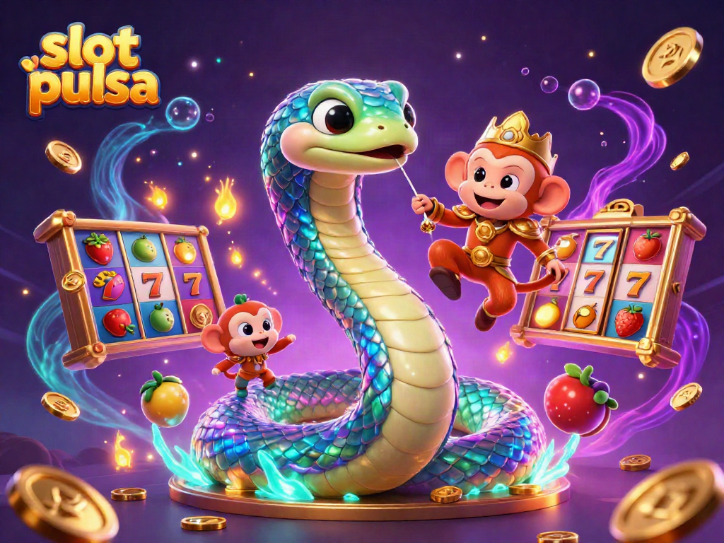 Menggali keseruan slot pulsa dengan ilustrasi kasino magis yang penuh warna dan energik.