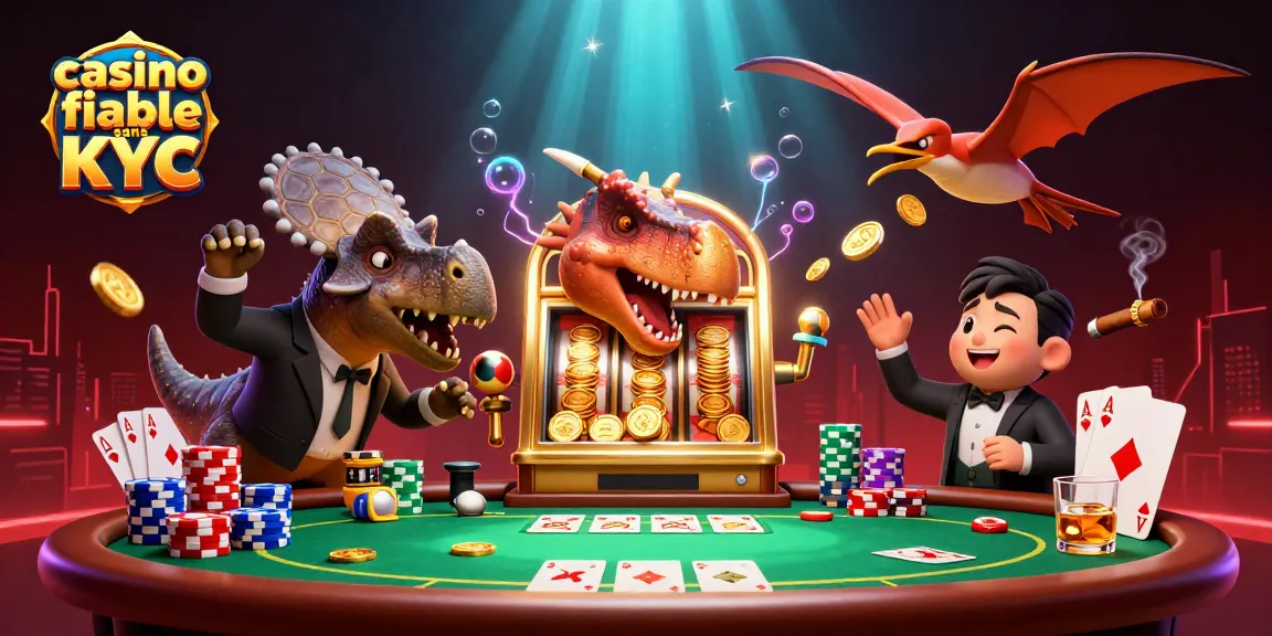 Le casino fiable sans KYC assiste à un jackpot alors qu'une créature préhistorique interagit avec une machine à sous.