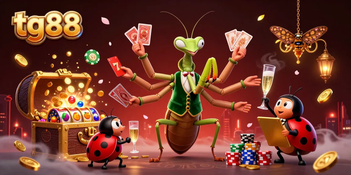 Experience thrilling wins at tg88 with a vibrant scene of a mantis card sharp and ladybug pit boss.