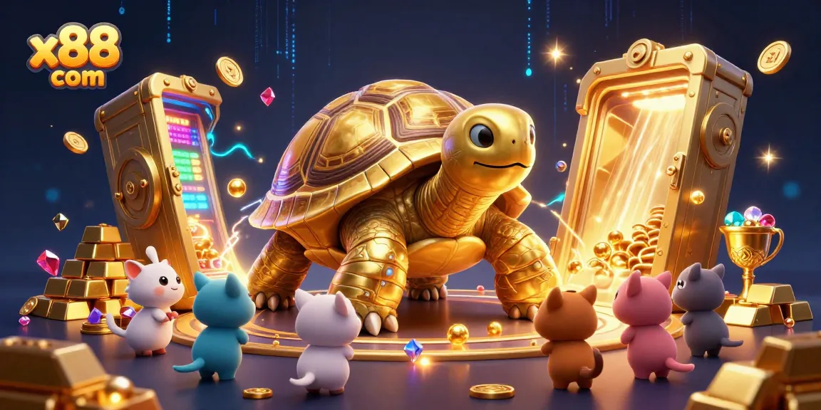 Play exciting games at x88 com with a vibrant illustration of a golden tortoise pinball machine.