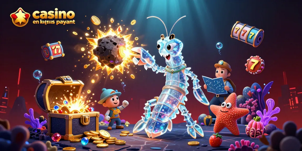 Image dynamique d'un galactic samurai mantis shrimp et une étoile de mer naviguant dans un casino en ligne le plus payant, remplie de jeux et de pièces d'or.