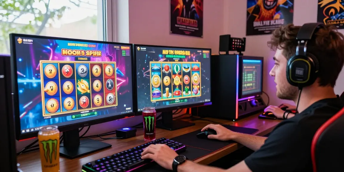 HWGSLOT gaming experience with engaging player, colorful slot machine interface, and RGB lighting.