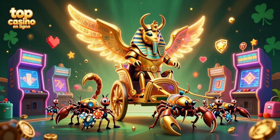 Explorez le top casino en ligne avec un scarabée doré, des machines à sous et des insectes porte-chips.