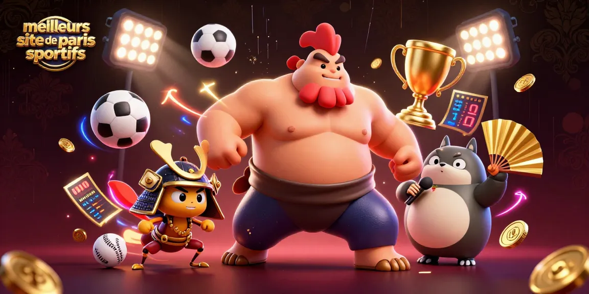 Jouez sur les meilleurs sites de paris sportifs avec cette illustration dynamique et engageante mettant en scène un rooster sumo, un cricket et un tanuki.