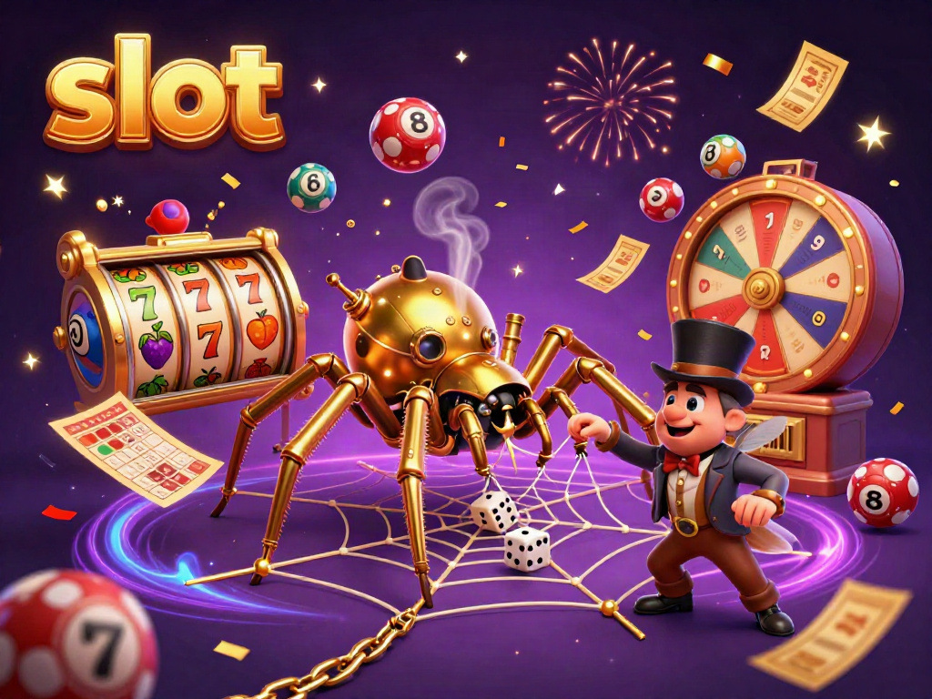 Engaging slot-themed illustration featuring a steampunk spider and a fly gentleman, surrounded by vibrant gaming elements.