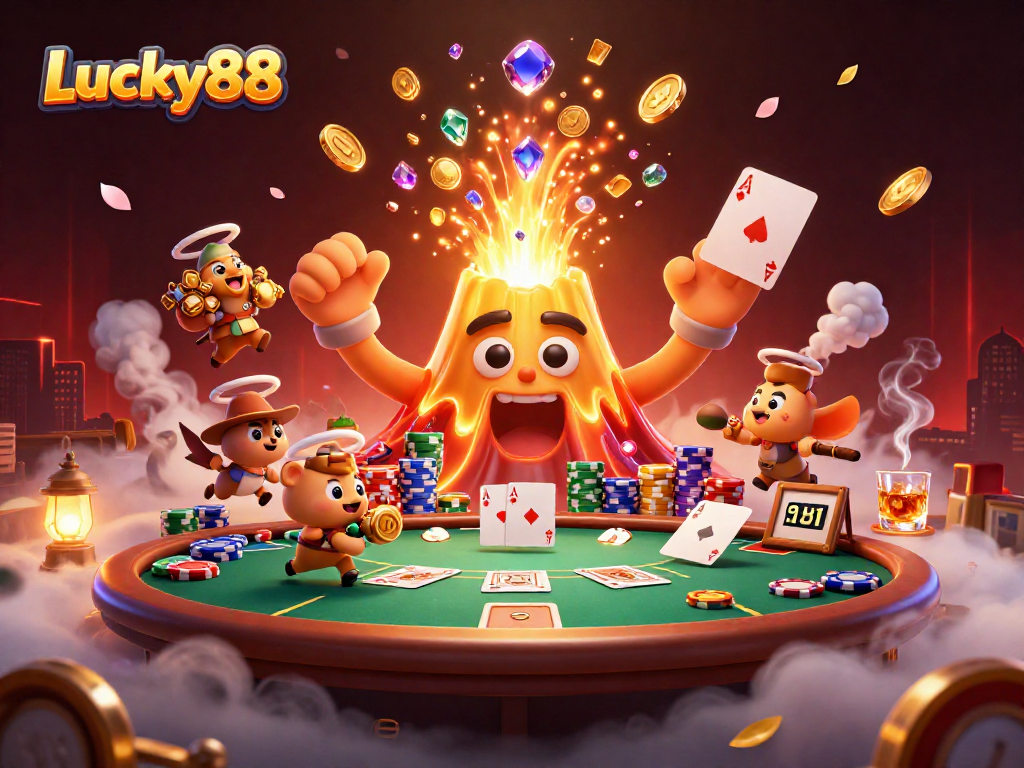 Experience the thrill of Lucky88 with a roaring volcano and treasure in this dynamic casino scene.