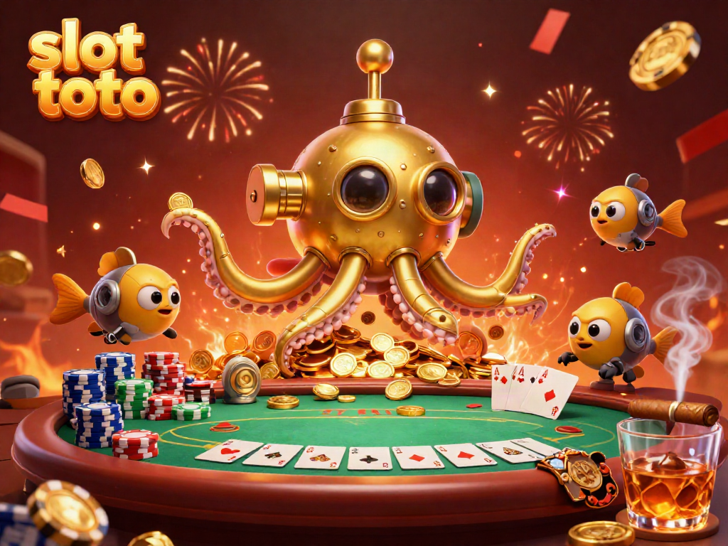 Engage with slot toto through an energetic casino scene featuring a golden kraken submarine and poker elements.
