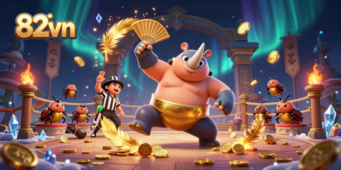 Experience thrilling bets at 82vn with a dynamic illustration of a beetle sumo champion in action.
