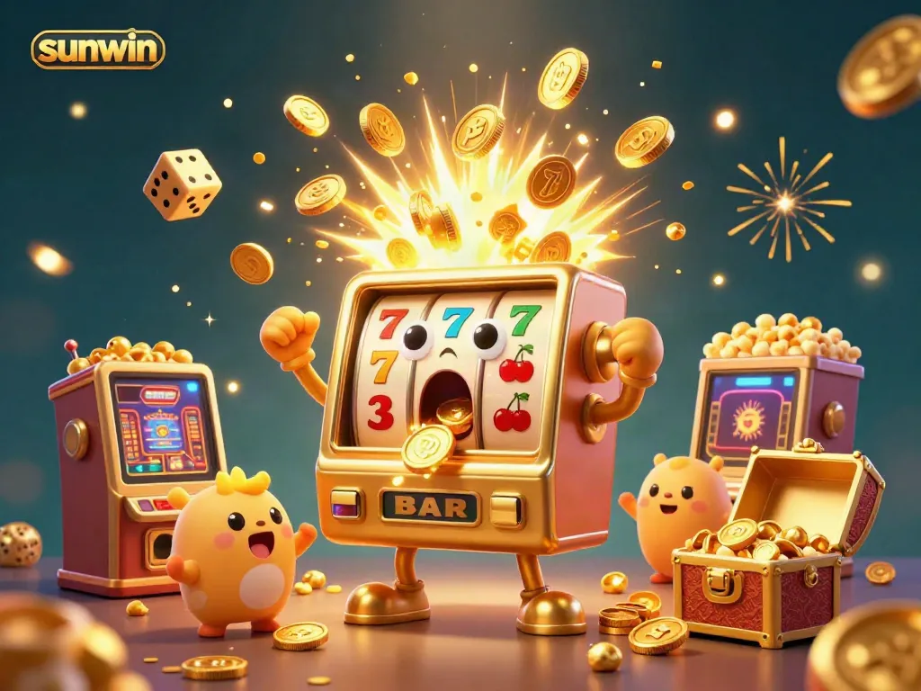 Sunwin offers a vibrant cartoon scene of a golden slot machine celebrating its jackpot with baby slot machines and coins raining down.