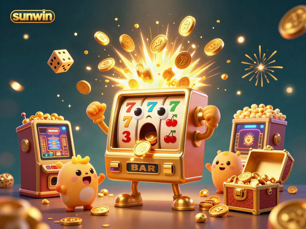 Sunwin offers a vibrant cartoon scene of a golden slot machine celebrating its jackpot with baby slot machines and coins raining down.