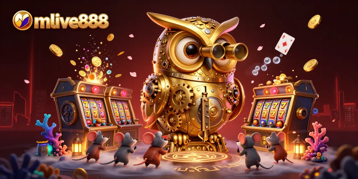 Experience the thrill of mmlive888 with a golden owl surveying a vibrant casino scene.
