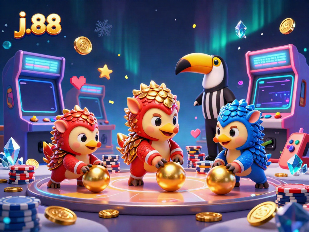 Experience thrilling gameplay in j.88 featuring rival pangolins amidst colorful casino elements and gold coins.