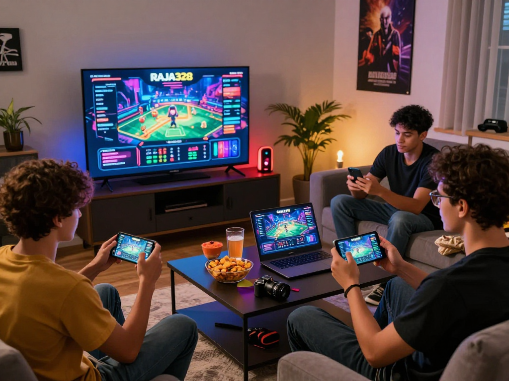 Engaging group enjoying link alternatif raja328 gaming experience in cozy setting