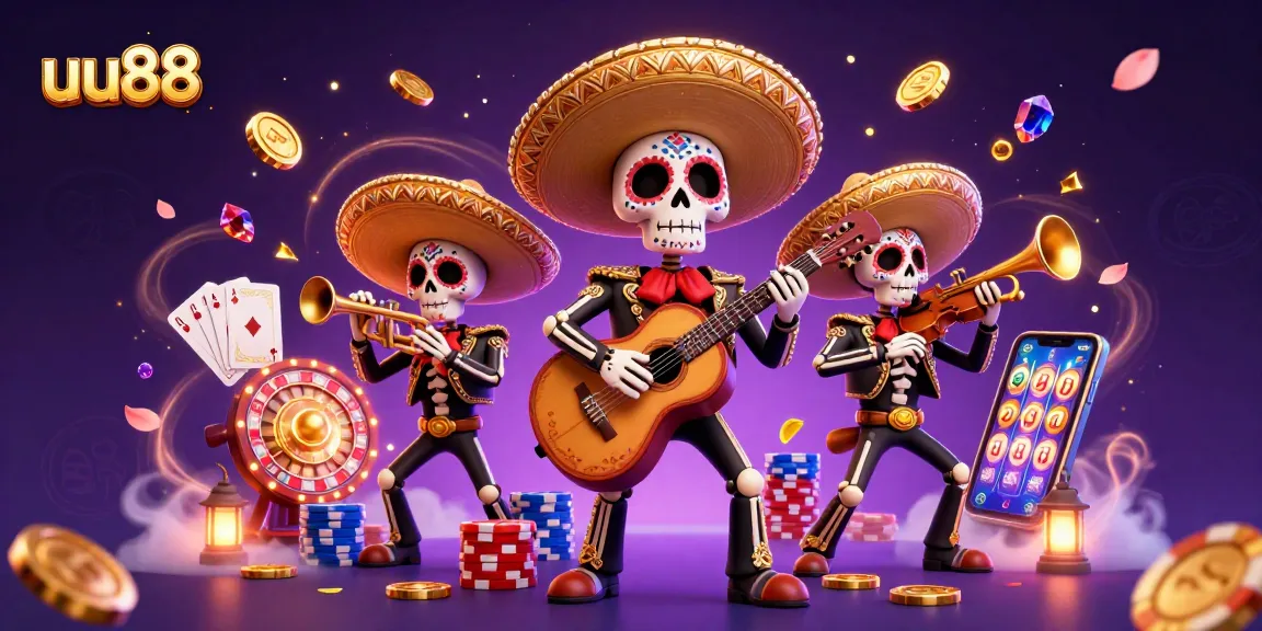 Engage with uu88's vibrant casino atmosphere featuring colorful skeleton mariachi musicians and exciting game elements.