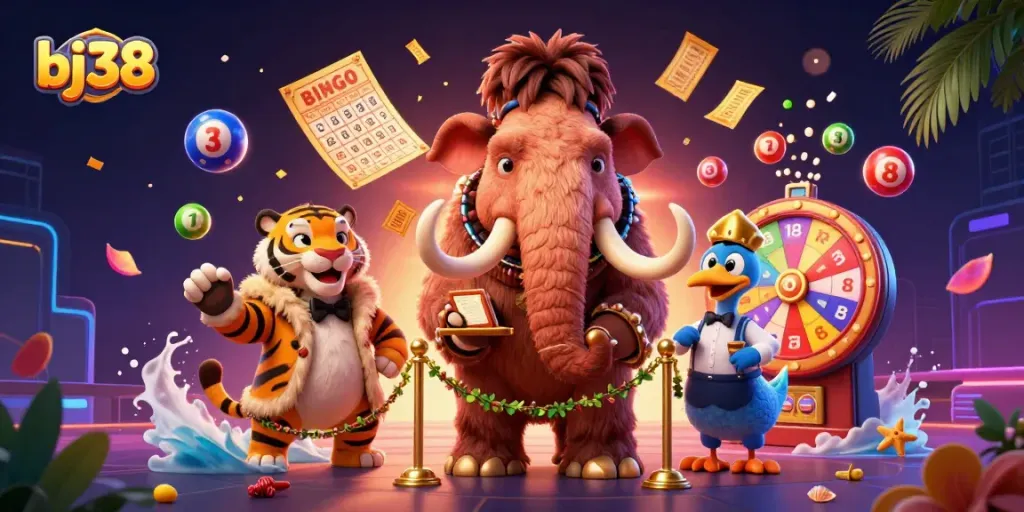 Experience the excitement of bj38 with a vibrant casino scene featuring mammoths and colorful lottery balls.