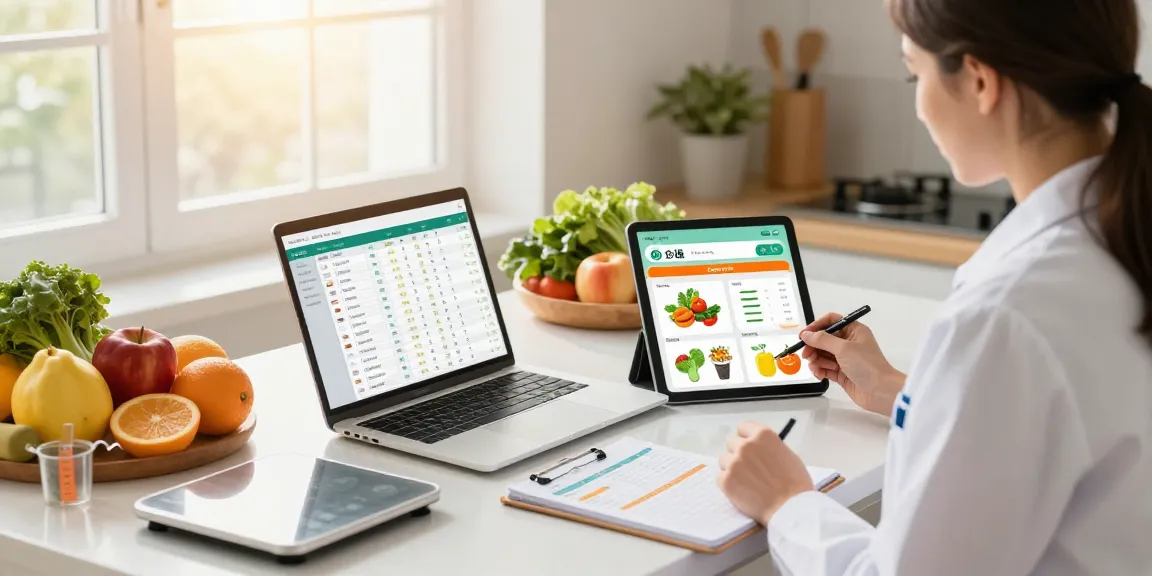 Nutritionist analyzing food for the best food tracking app in a bright kitchen.