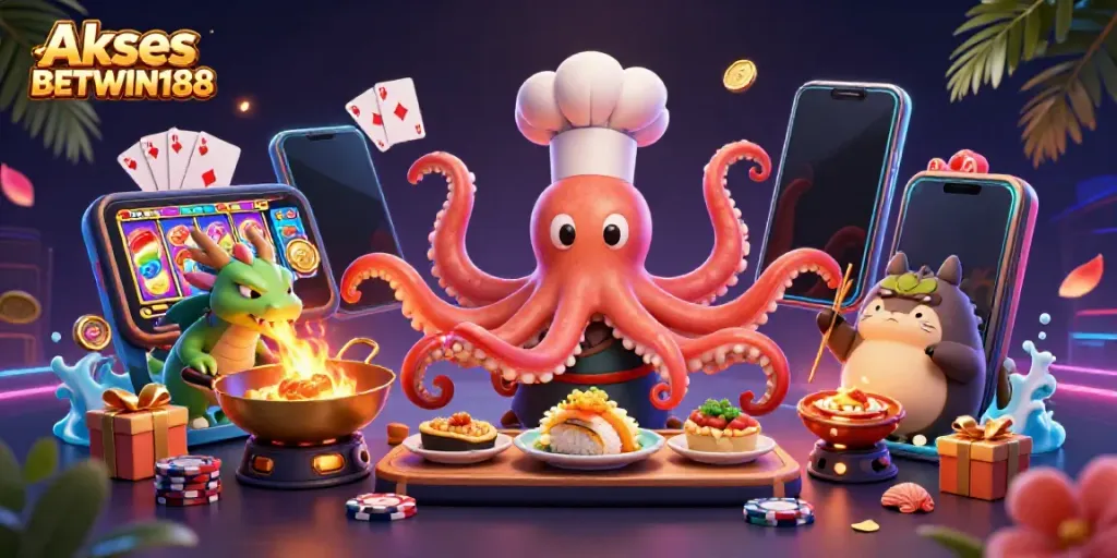 Akses BETWIN188 dengan ilustrasi kartun 3D yang kaya warna tentang chef octopus dan naga.