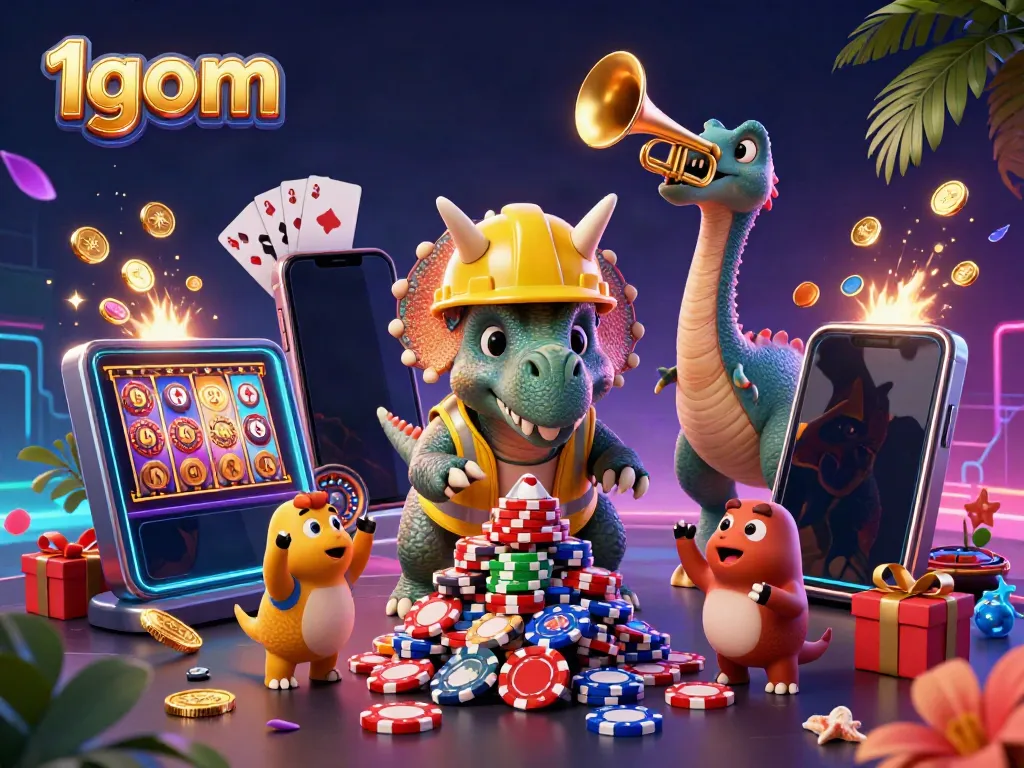 Experience gaming excitement with 1gom as the triceratops builds a poker chip pyramid.