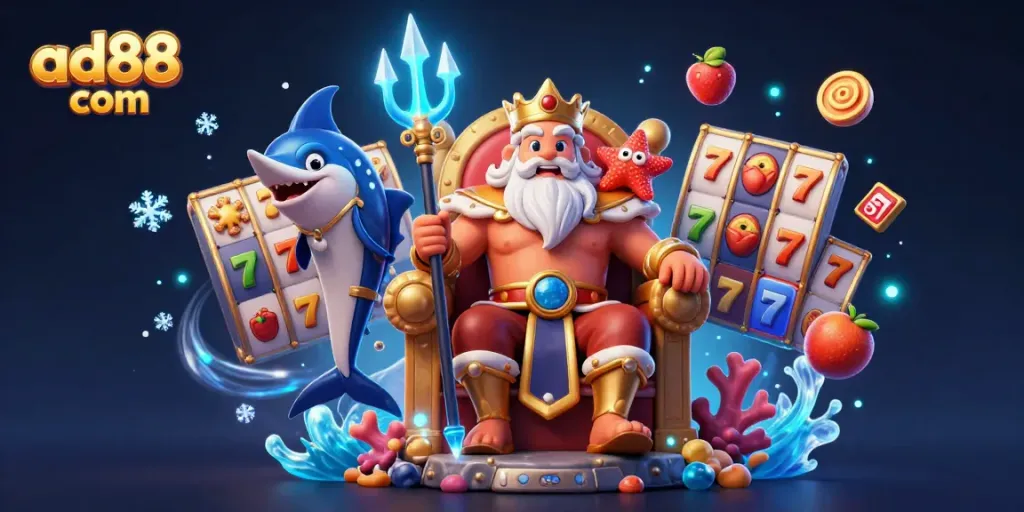 Experience the excitement of ad88 com with a vibrant slot machine theme and enchanting sea king characters.
