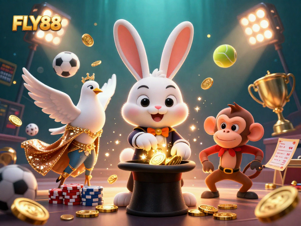 Experience the thrill of FLY88 with a 3D rabbit magician and casino elements in a vibrant scene.