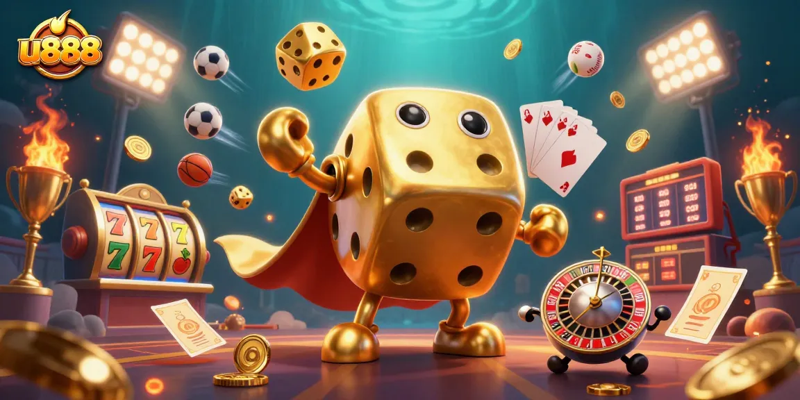 Bet on u888 with engaging golden dice golem and dynamic casino elements in a vibrant scene.