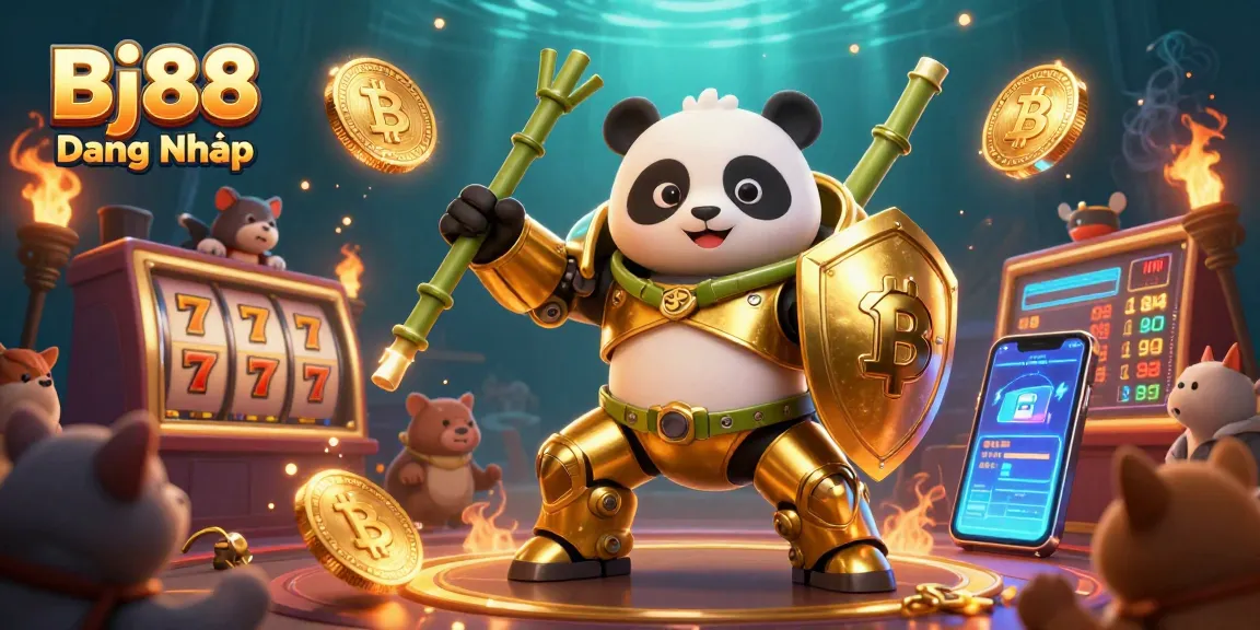 Bj88 Đăng Nhập elevates your gaming experience with vibrant slot reels and crypto elements in the scene.