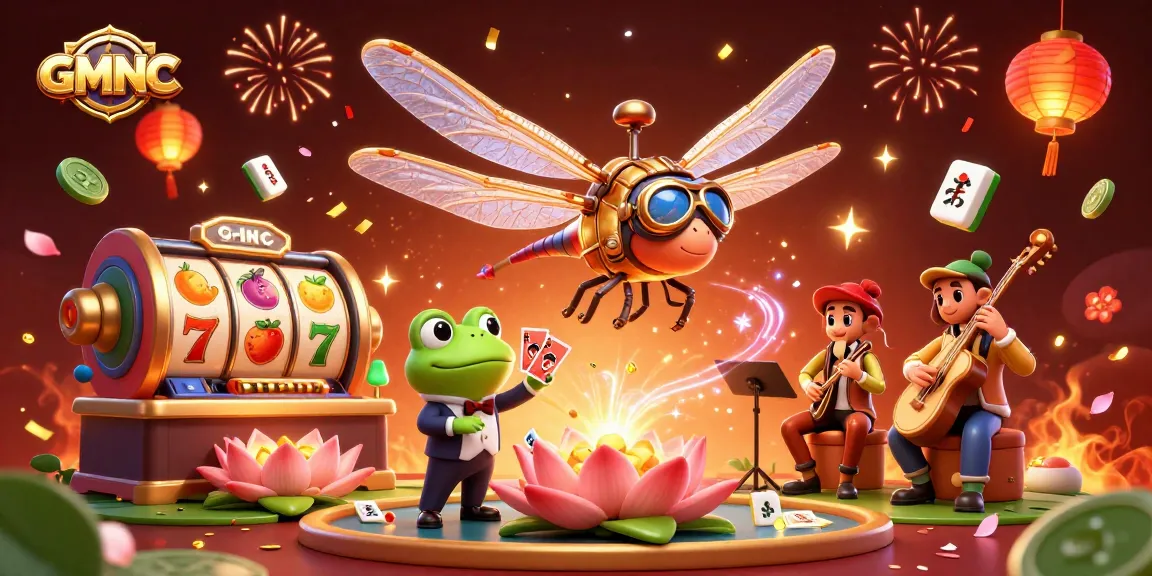 Gamblers engage in vibrant fun at GMNC with the dragonfly pilot and frog croupier handling action-packed slots.