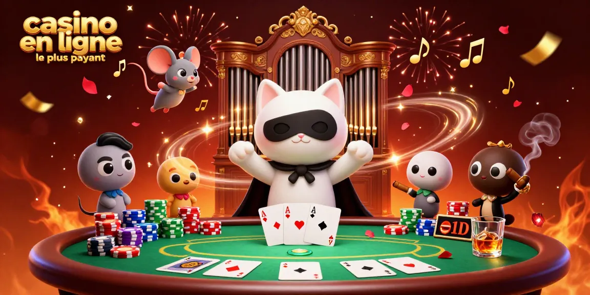 Illustration dynamique du casino en ligne le plus payant avec un chat fantôme et des éléments de jeu vibrant.
