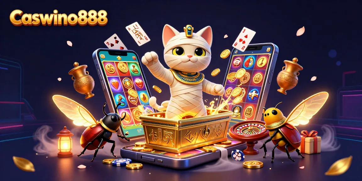 Spin the reels and win at Caswino888, featuring a vibrant casino scene with an Egyptian mummy and dynamic slot games.