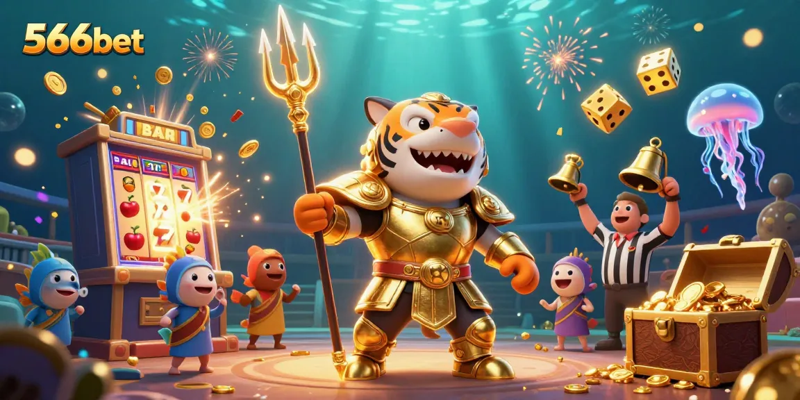 Experience excitement with 566bet's 3D shark gladiator wielding a trident in a themed casino scene.