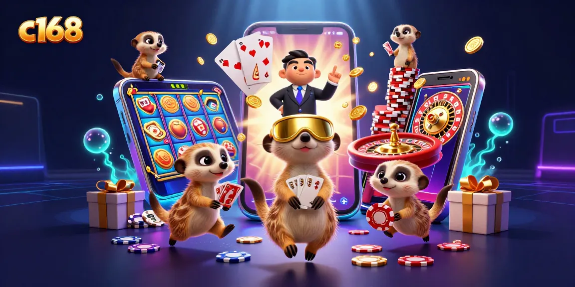 Experience winning moments at c168's animated casino with meerkats, slot spins, and vibrant games.