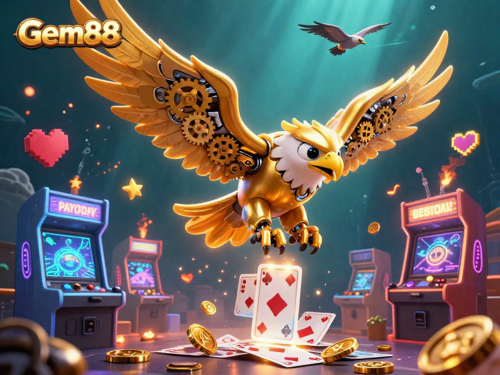 Experience the excitement of Gem88 with a vibrant 3D cybernetic eagle amidst dynamic casino elements.