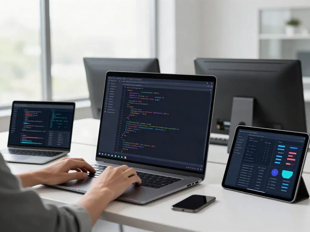 Developer using brave浏览器 in a modern workspace with multiple screens and tech gadgets.