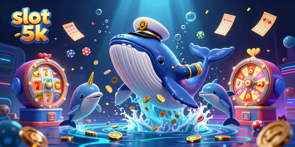 Engage with thrilling slot 5k gameplay featuring a cartoon whale and shimmering coins in a vibrant 3D scene.
