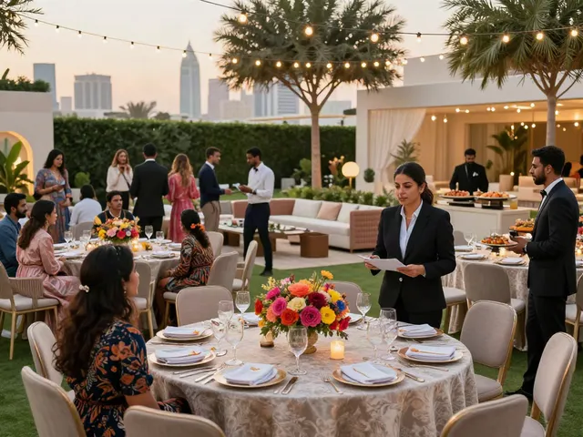 Event rental ksa outdoor gala setup with elegant decor, stylish furniture, and vibrant atmosphere.