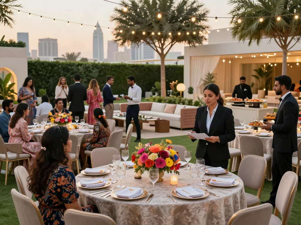 Event rental ksa outdoor gala setup with elegant decor, stylish furniture, and vibrant atmosphere.