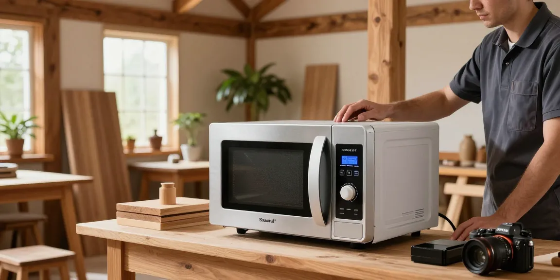Shashel microwave device eliminating woodworms in a workshop, showcasing eco-friendly technology.