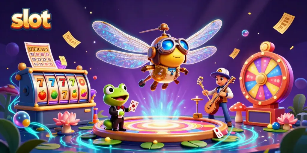 Menangkan slot dengan ilustrasi kasino 3D menampilkan karakter ceria dan simbol keberuntungan.