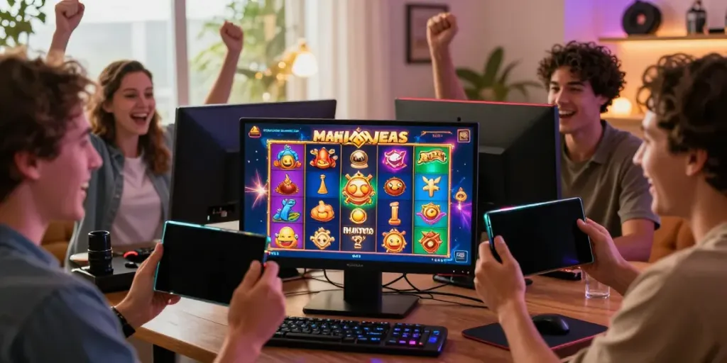 Excited gamers celebrating big wins on KING999 online slots.