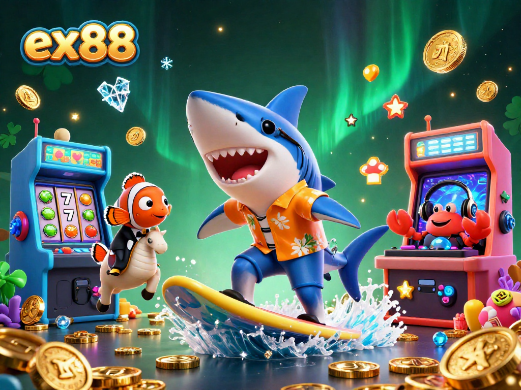 Experience ex88 with a vibrant 3D scene featuring a shark, clownfish, and crab DJ celebrating a casino jackpot.