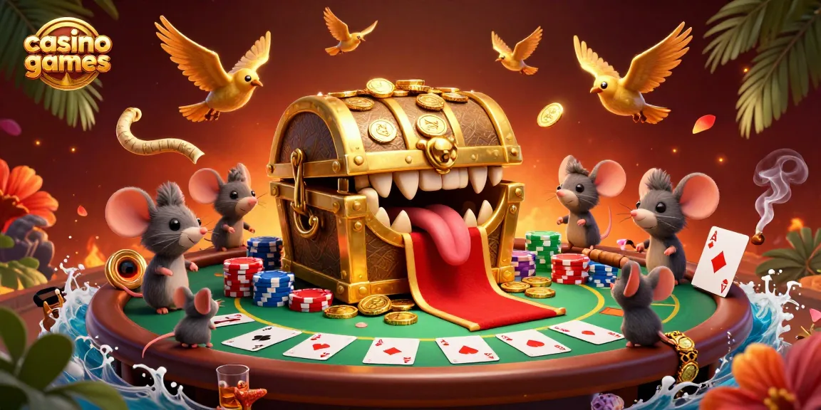 Engage in thrilling casino games with a vibrant 3D scene featuring adventurous characters and poker elements.