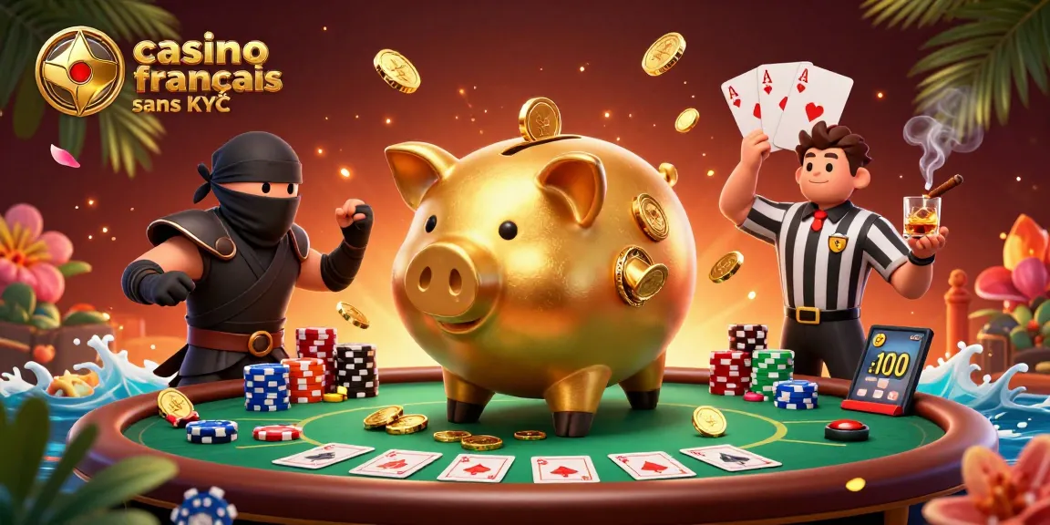 Jouer au casino français sans KYC avec une scène dynamique de personnages de casino animés et des éléments de jeu.