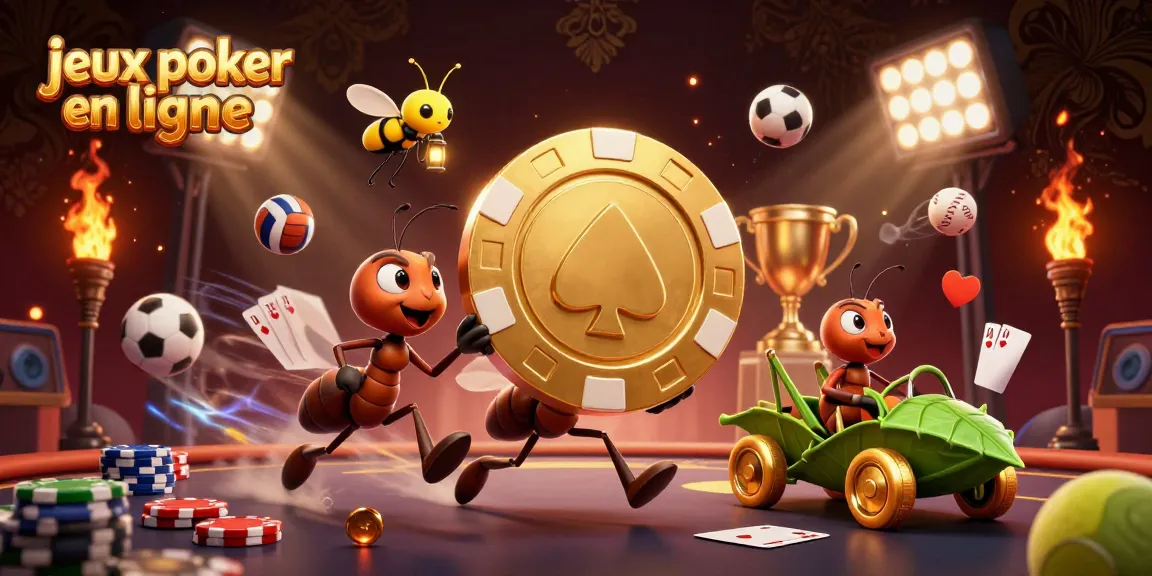 Jouez à des jeux poker en ligne avec un groupe d'insectes illustrés dans une scène dynamique de casino.