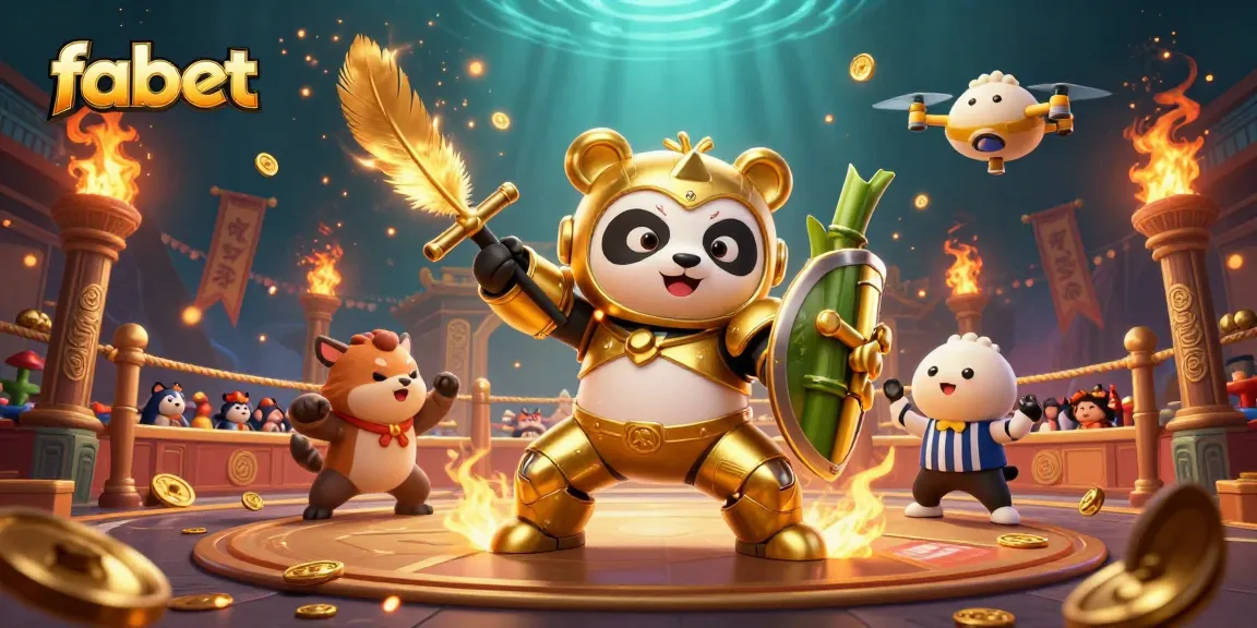 Engaging fabet casino illustration showcasing a mech-suit panda and a bamboo robot amid a bustling gaming arena, capturing the thrill of action.