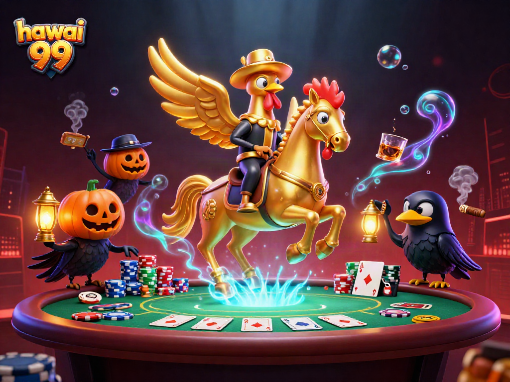 Experience the excitement of hawai 99 in a vibrant casino scene with mythical creatures and poker action.