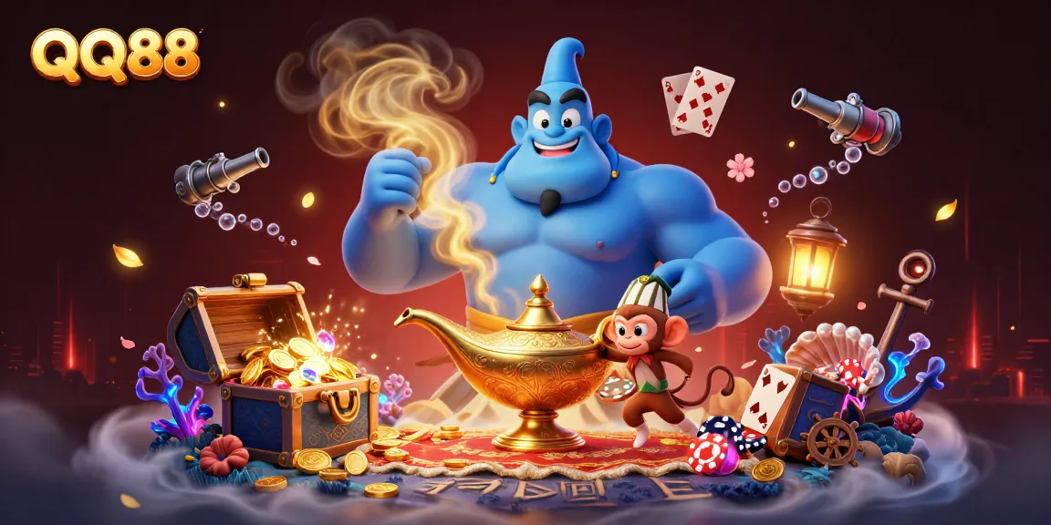 Experience thrilling gameplay at QQ88 with a dynamic scene of a genie, monkey, and poker chips.