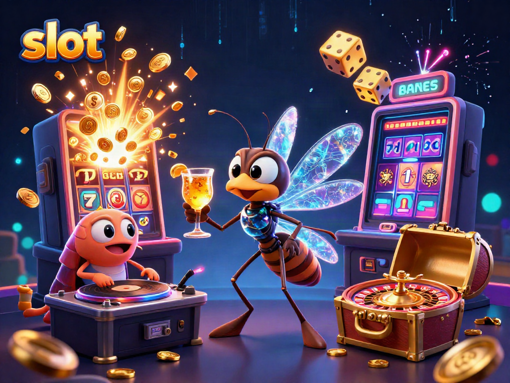 Experience thrilling slot action with a 3D cartoon mosquito and fossil DJ amidst jackpot excitement.